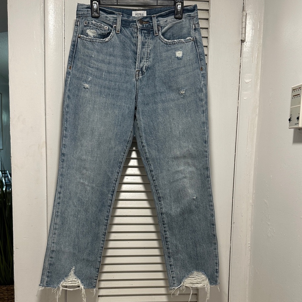 PISTOLA Charlie High Rise Straight Light Blue Distressed Cropped Jeans